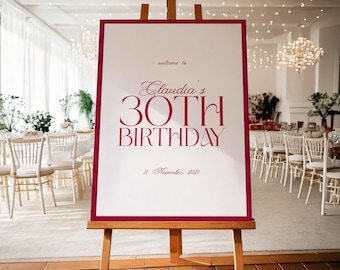 Editable 30th Birthday Party Welcome Sign: Red and White Design (Customisable Digital Template)