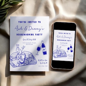 Einweihungsparty Einladung | Handgezeichnete illustrierte Blau & Weiß | Bearbeitbare Vorlage | zu Hause drucken oder digital senden | Mobile Evit