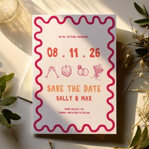 Plantilla de invitación para guardar la fecha / Diseño colorido ondulado dibujado a mano / Plantilla digital editable / Invitación de boda escrita a mano en rosa y naranja