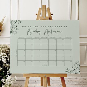 Calendario editable con fecha de parto / Letrero para baby shower con diseño de "Bebé en flor" en verde salvia / Póster de embarazo "Adivina la llegada" / Plantilla digital