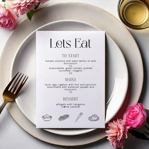 Edytowalne menu | Minimalistyczny czarno-biały znak | Dostosuj na wesela i imprezy | Dostosowywalny szablon cyfrowy