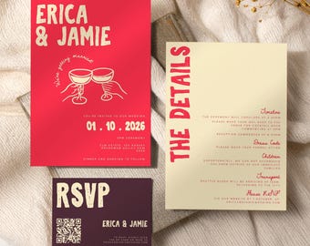 Editable Wedding Invitation Suite with RSVP Card | Colourful Hand Drawn Invite Cards | Reception Details | Playful Illustrated Stationery