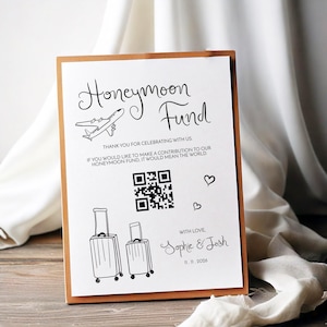 Letrero de boda con código QR para fondo de luna de miel / Letrero de pozo de los deseos / Idea de regalo de boda con dinero en efectivo de Venmo Paypal / Plantilla ilustrada dibujada a mano editable