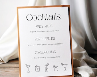 Minimalistische Cocktailbar-Speisekarte | Bearbeitbare digitale Vorlage | Handgezeichnete Schwarz-Weiß-Illustrationen | Fertigen Sie für Hochzeiten und Partys besonders an