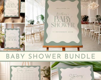Sage Green Wavy Baby Shower Bundle | Editable Digital Templates | Printable Welcome Sign, Calendar, Cards & Gifts, Guestbook Signs Included