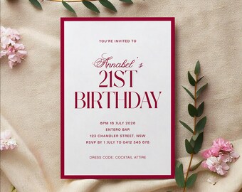 Editable 21st Birthday Invitation: Modern Elegant Burgundy Design (Digital Template)
