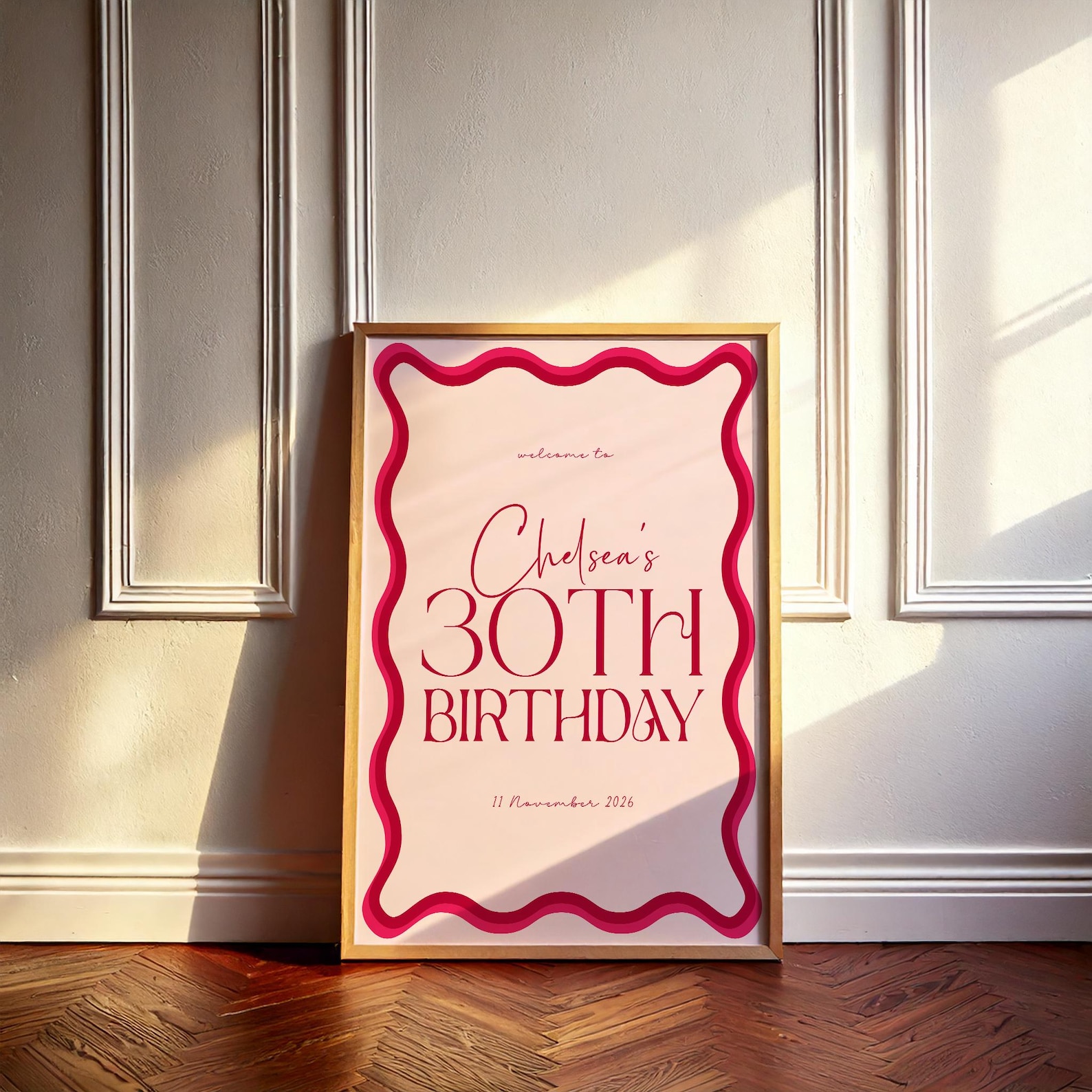 Editable 30th Birthday Party Welcome Sign | Pink and Red Wavy Border ...