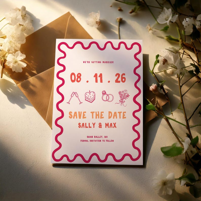 May include: Save the date card with a pink and orange border. The card says "We're getting married!" and features the date "08.11.26" with wedding-themed icons. The card also says "Save the date Sally & Max" and "Swan Valley, WA Formal Invitation to Follow."