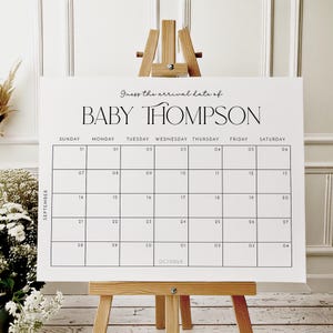 Calendario de fecha de parto, juego para baby shower, letrero para adivinar la fecha de llegada, plantilla digital editable, póster imprimible con predicciones de embarazo