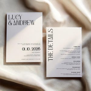 Bearbeitbare moderne Hochzeitseinladung | Schwarz-weiße minimalistische Karten | Details zum Empfang & Antwortkarten | Doppelseitig Elegant Briefpapier