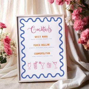 Editable Cocktail Bar Menu Sign | Digital Template | Colourful Quirky Hand-Drawn Design | Customise for Weddings and Parties