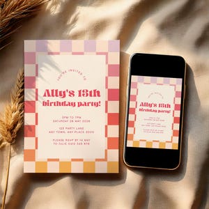 13e invitation modifiable de fête d'anniversaire | Damier arc-en-ciel | Modèle numérique | E-invitation mobile