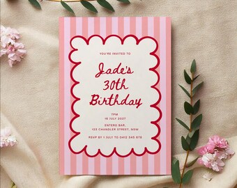 Editable Birthday Invitation: Colourful Pink and Red Striped 30th Bday Invite (Digital Template)