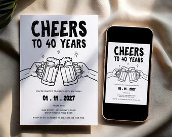 Editable Mens Birthday Invite: Cheers to 40 Years Beer Invitation (Digital Template)