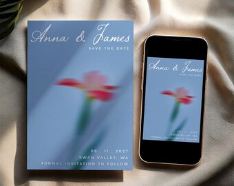 Editable Save the Date Invite: Modern Blue Flower Gradient (Digital Template)