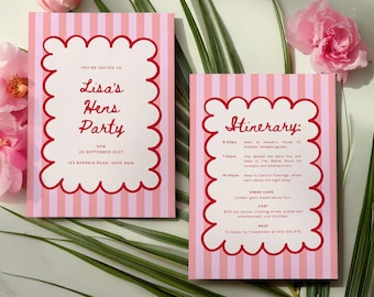 Editable Hens Party Invitation: Colourful Pink and Red Striped Invite & Itinerary (Digital Template)