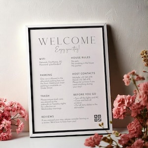 May include: A white framed sign with black text that says "Welcome, Enjoy your stay!" and provides information about WiFi, parking, trash, house rules, host contacts, and things to do before leaving.