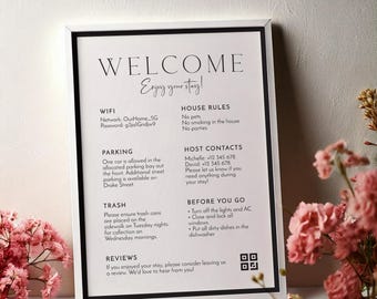 May include: A white framed sign with black text that says "Welcome, Enjoy your stay!" and provides information about WiFi, parking, trash, house rules, host contacts, and things to do before leaving.