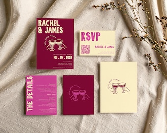 Editable Wedding Invitation Suite with RSVP Card | Colourful Hand Drawn Invite Cards |  Playful Illustrated Stationery | Reception Details