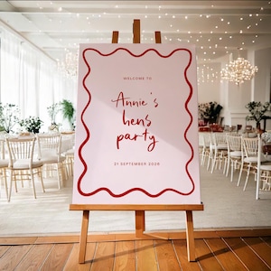 Editable Hand Written Hens Party Welcome Sign | Wavy Hand Drawn Border | Pink and Red Hen Do Signage | DIY Printable Digital Template