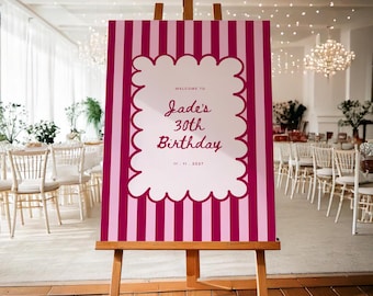 Editable 30th Birthday Party Welcome Sign: Burgundy and Pink Striped Design (Customisable Digital Template)