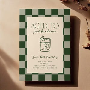 Aged to Perfection Birthday Party Invitation | Whiskey Digital Invite Template | Editable Adult Men&#39;s 40th, 50th & 60th Green Liquor Invite