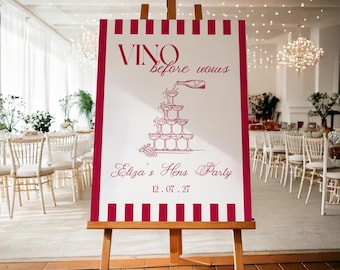Vino Before Vows Hens Party & Bachelorette Welcome Sign: Red and White (Editable Digital Download)