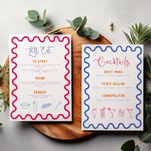 Bearbeitbares passendes Menü-Bundle | Bunte gewellte Kringel-Bordüre | Anpassbare digitale Vorlage für Hochzeiten und Partys