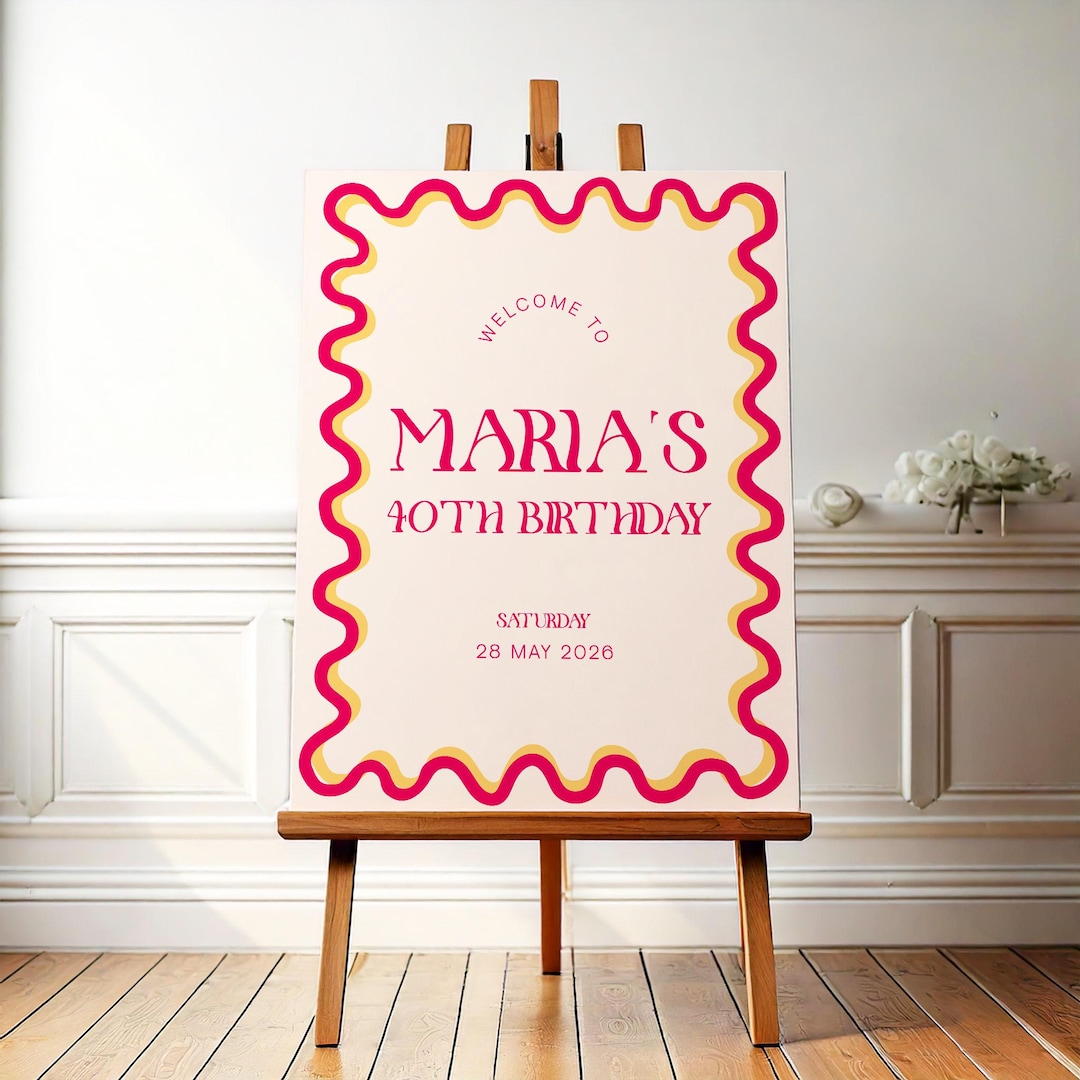 Editable 40th Birthday Party Welcome Sign | Pink and Orange Wavy Border ...