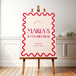 Letrero de bienvenida para fiesta de 40 cumpleaños editable / Diseño de borde ondulado rosa y naranja / Plantilla digital personalizable