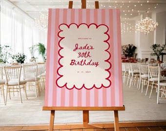 Editable 30th Birthday Party Welcome Sign: Pink and Red Striped Design (Customisable Digital Template)