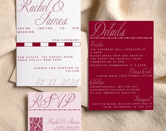 Editable Invitation Suite with RSVP and Reception Details Card: Modern Burgundy Wedding Invite (Digital Download)