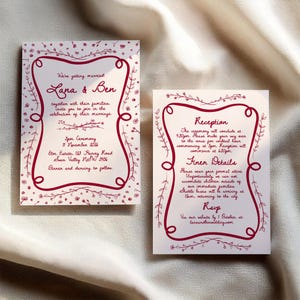 Handgezeichnete botanische Hochzeitseinladung | Bearbeitbare digitale Vorlage | Rotes handgeschriebenes & Blumenmuster | Doppelseitige klassische moderne Einladung
