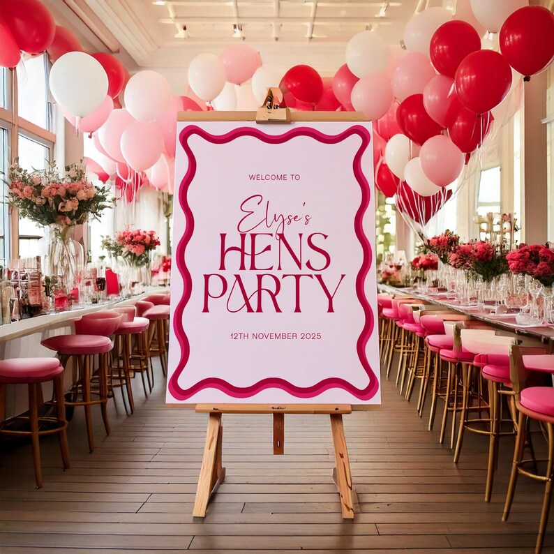 Wavy Hens Party Sign Editable Red and Pink Design — free download