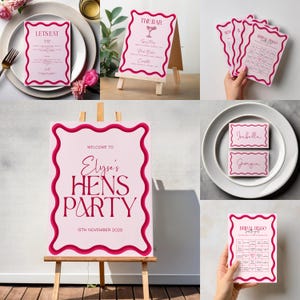 Bouquet de mariée rose ondulé pour enterrement de vie de jeune fille ou de jeune garçon | Plaque de bienvenue, menu du bar à cocktails, marque-places et lot de 24 jeux inclus
