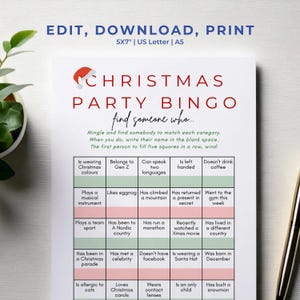 Bearbeitbare Weihnachtsfeier Bingo | Finde das Gast Coworker Eisbrecher Spiel für Teambildung | Büro-, Personal- und Mitarbeiterparty-Aktivitäten