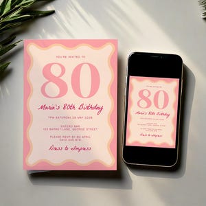 Convite editável para 80º aniversário | Design ondulado colorido | Modelo digital personalizável | Convite para impressão faça você mesmo | Cartão para o 80º aniversário