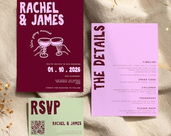 Editable Wedding Invitation Suite with RSVP and Reception Details Card | Colourful Hand Drawn Illustrated Stationery | Burgundy & Pink