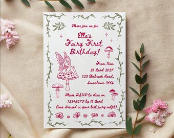 Fairy First Birthday Invitation: Printable Hand Drawn Invite (Editable Digital Template)