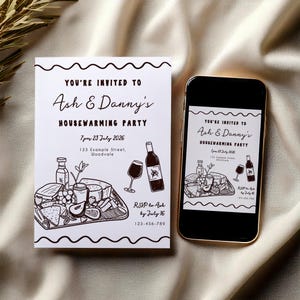 Bearbeitbare Housewarming Party Einladung | Handgezeichnete Illustration | Schwarz & Weiß anpassbare Vorlage | Drucken Sie zu Hause oder senden Sie sie digital