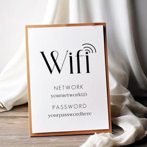 Könnte beinhalten: Ein weißes Schild mit schwarzem Text und einem WLAN-Symbol. Das Schild lautet "Wifi", "Netzwerk: yournetwork123" und "Passwort: yourpasswordhere".