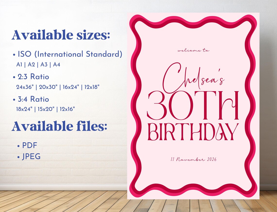 Editable 30th Birthday Party Welcome Sign | Pink and Red Wavy Border ...