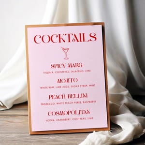 Menu modifiable du bar à cocktails | Modèle modifiable DIY | Liste des boissons signature roses et rouges | Enseigne pour enterrement de vie de jeune fille, douche nuptiale et bar de mariage