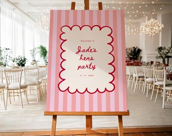 Editable Hens Party Welcome Sign: Hand-Drawn Striped Pink & Red Design (Printable Digital Template)