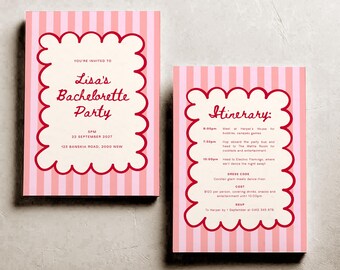 Editable Bachelorette Party Invitation: Pink and Red Striped Invite & Itinerary (Digital Template)