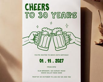 Cheers to 30 Years Invite: Editable Mens 30th Birthday Beer & Cheers Invitation (Digital Template)