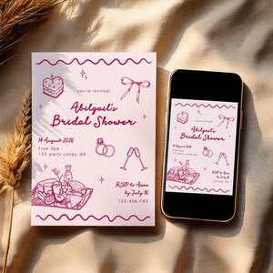 Brautparty-Einladung Hand gezeichnet | Bearbeitbares digitales Design | Rosa handgeschriebene Partyeinladung Vorlage | Handy E-vite Vorlage