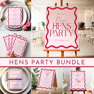 Gewelltes Hennen Party Mega Bündel | DIY bearbeitbare digitale Vorlagen | 24 Partyspiele und Schilder | Willkommensschild, Cocktailbar, inklusive Tischkarten