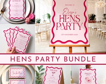 Wavy Hens Party Mega Bundle | DIY Editable Digital Templates | 24 Party Games and Signs | Welcome Sign, Cocktail Bar, Place Cards Included