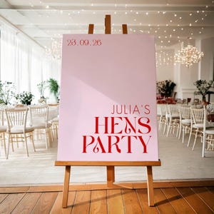 Bearbeitbares Willkommensschild für die Hens Party | Modernes minimalistisches rosa und rotes Design | Anpassbare digitale Vorlage | Brautparty Bachelorette Zeichen